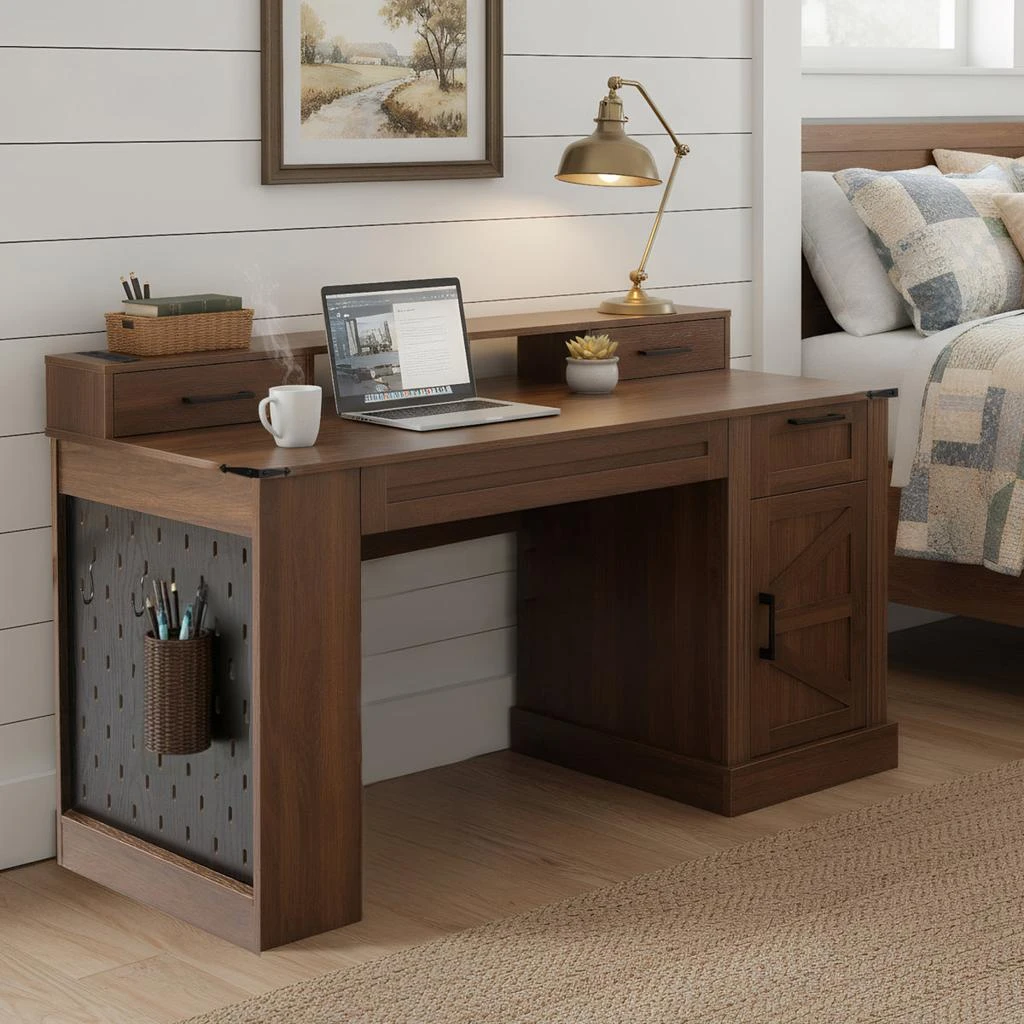 Streamdale Furniture Streamdale 55" Farmhouse Office Desk with Storage, Barn Door Design, Keyboard Tray, Monitor Stand 4