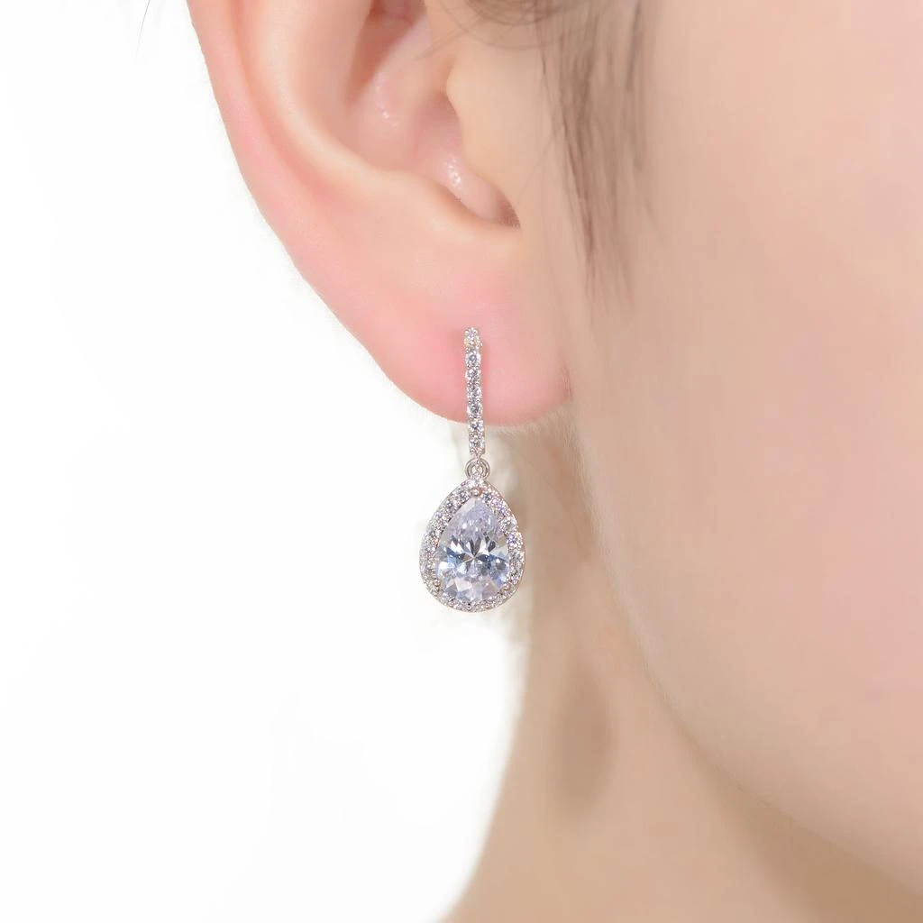 Genevive Sterling Silver With Rhodium Plated Clear Pear And Round Cubic Zirconia Halo Linear Drop Earrings 2