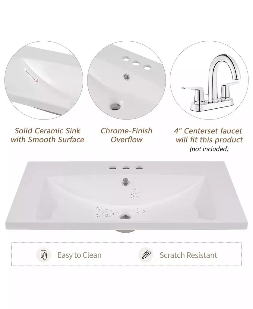 CASAINC 30" Single Bathroom Vanity Top with Basin, 3-Faucet Holes, Ceramic Construction 5