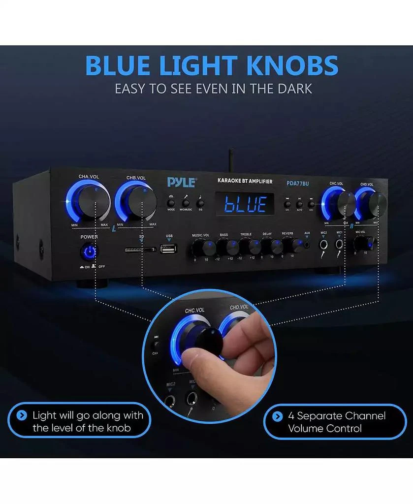 Pyle Wireless Bluetooth Streaming Stereo Amplifier Receiver With FM Radio, MP3/USB/SD/AUX Playback, 800 Watt 4