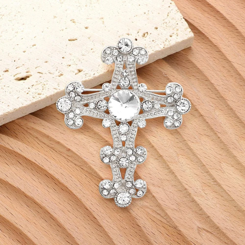 FASHNZFAB Stone Embellished Gothic Cross Pin Brooch 5
