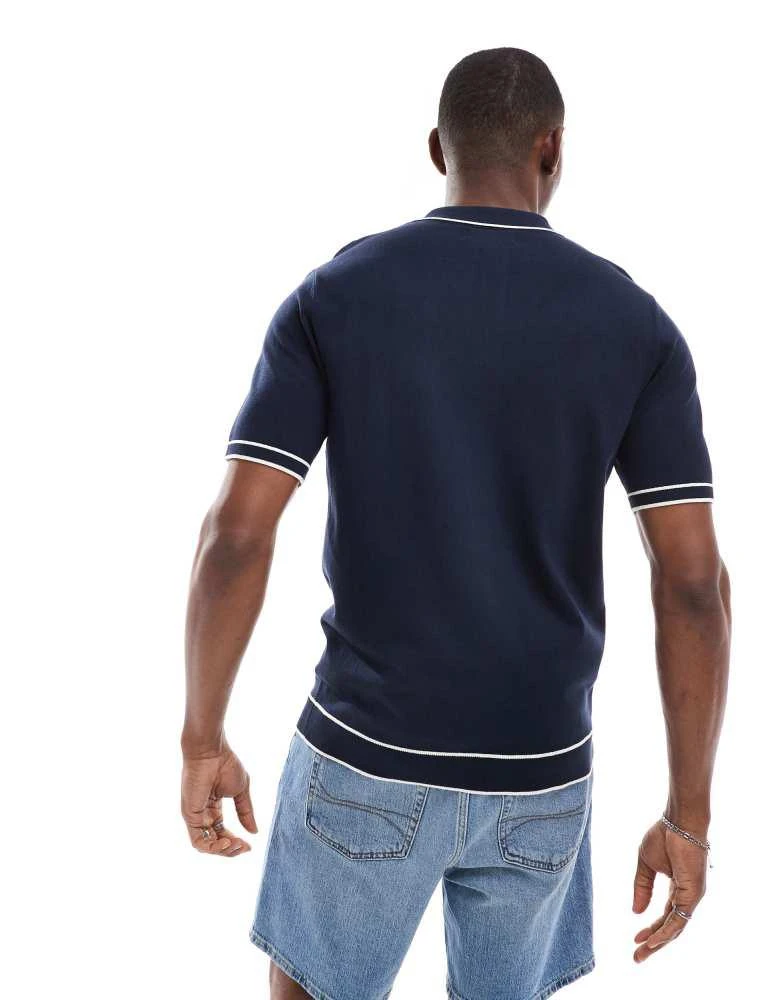 Threadbare Threadbare short sleeve knitted polo shirt in navy with white tipping 2