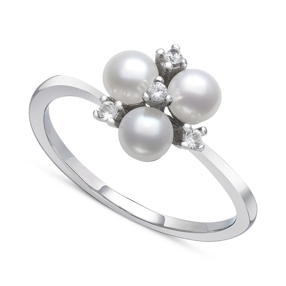 Belle de Mer Cultured Freshwater Button Pearl (4mm) & Lab-Created White Sapphire (1/10 ct. t.w.) Trillium Ring in Sterling Silver