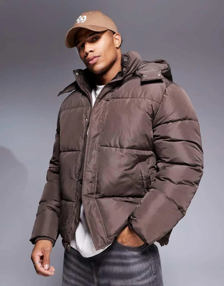 ASOS ASOS DESIGN puffer jacket with detachable hood in brown 1