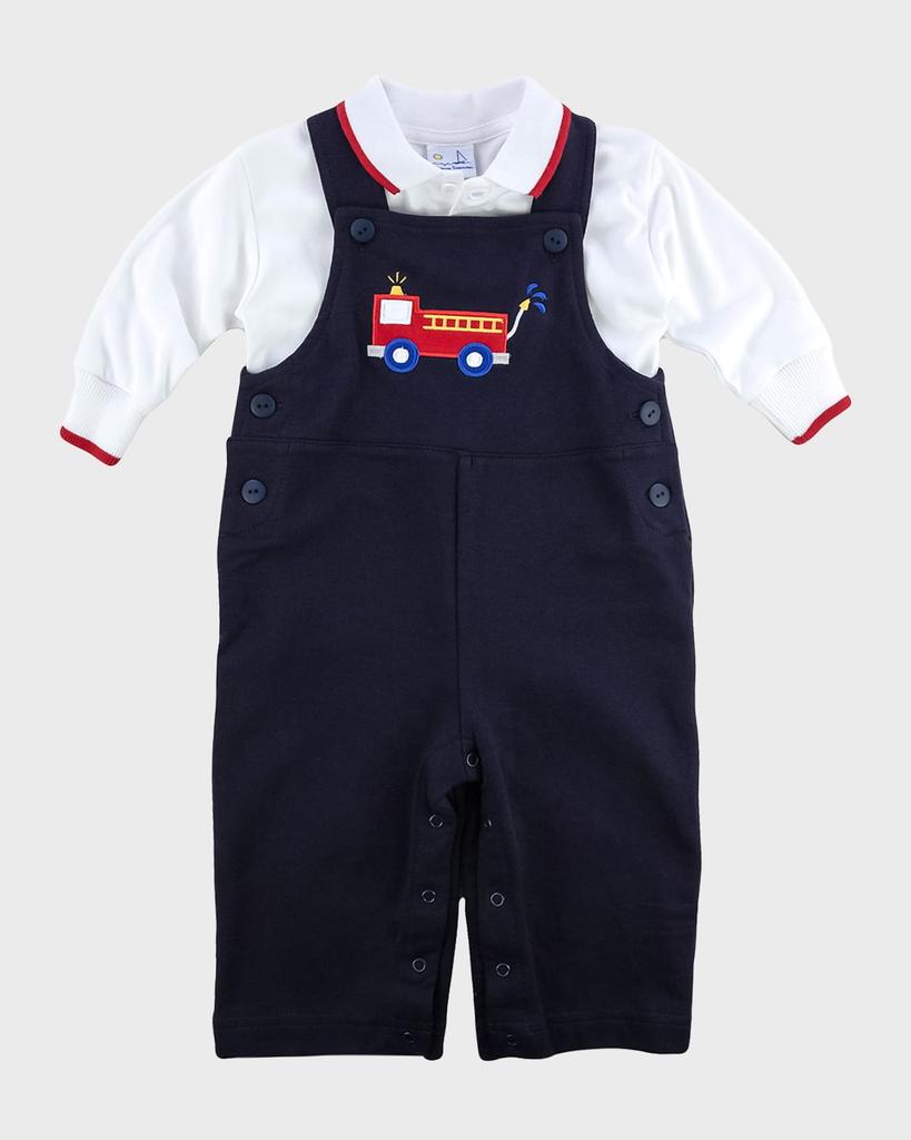 Florence Eiseman Boy's Fire Truck French Terry Jumpsuit W/ Polo Shirt, Size 6M-24M