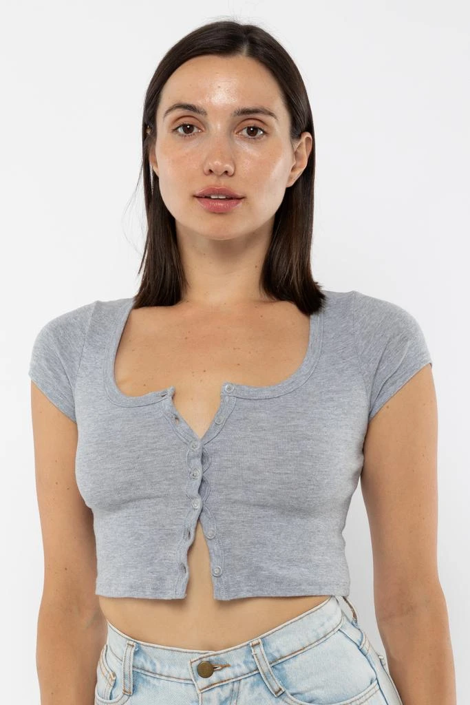 Los Angeles Apparel 43025 - Baby Rib Short Sleeve Button Up Crop Top 2