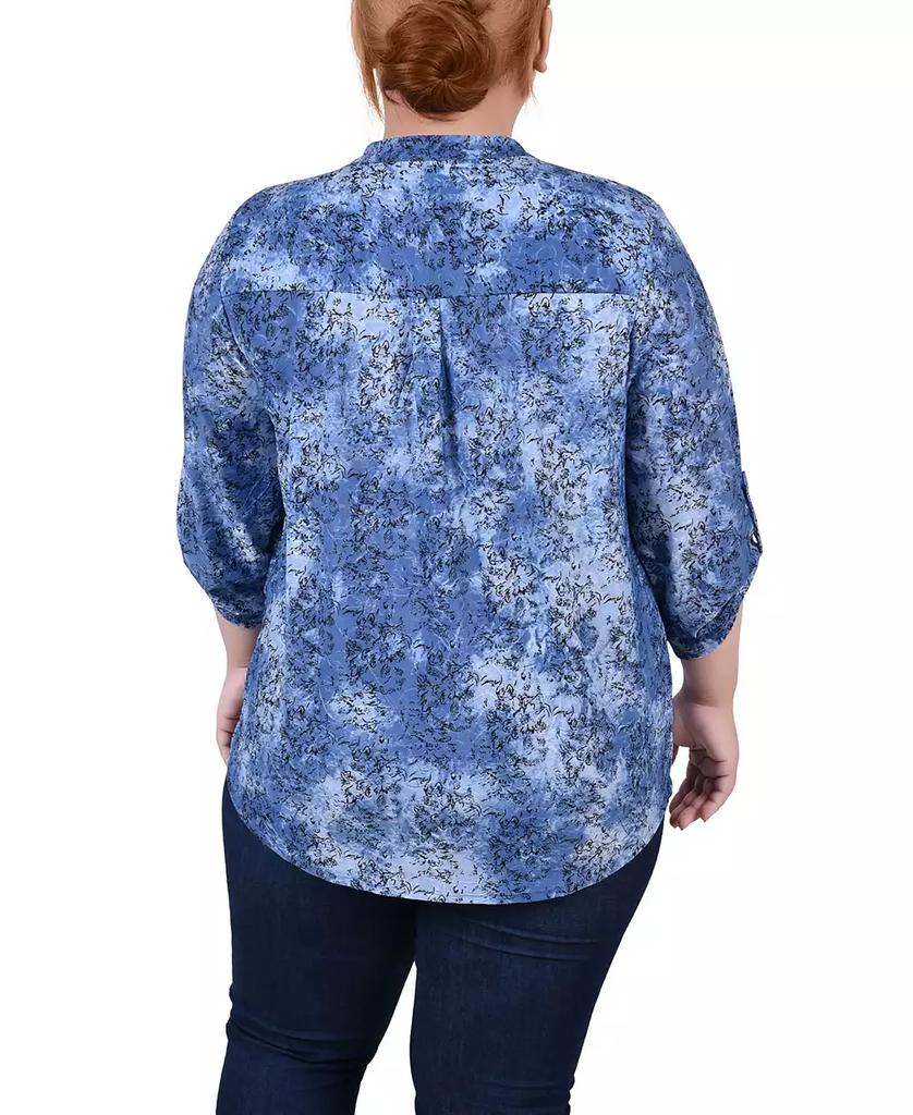 NY Collection Plus Size 3/4 Roll Tab Sleeve Smocked-Yoke Top