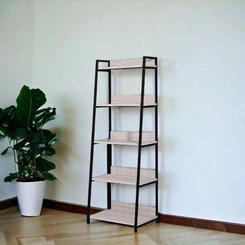 Hivvago 67" Natural and Black Metal Five Tier Ladder Bookcase 2