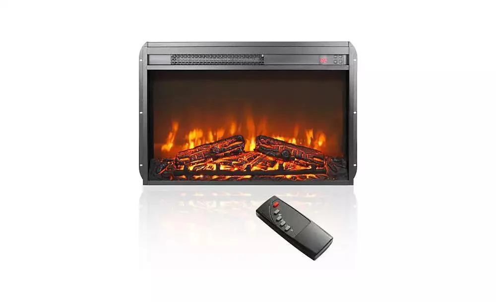 Flynama 26 inch electric fireplace insert, ultra thin heater with log set 
realistic flame, remote control with timer, overheating protection