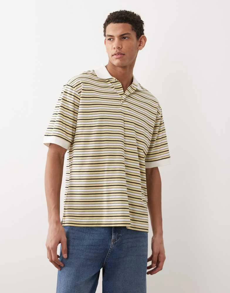 ARKET ARKET pure cotton jersey short sleeve polo shirt in yellow multi stripe
