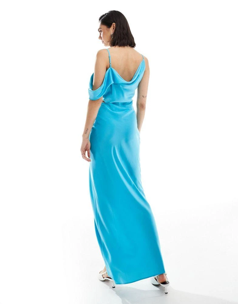 ASOS ASOS DESIGN satin asymmetric shoulder maxi dress with cut out detail in turquoise 4