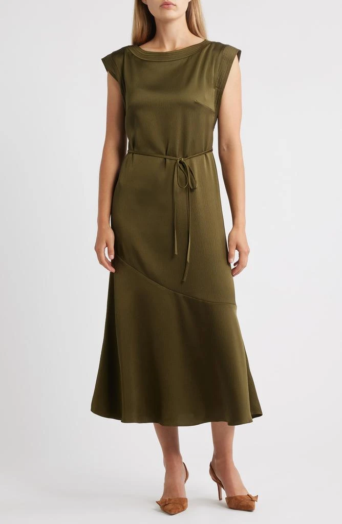 Vince Camuto Cap Sleeve Stretch Satin Belted Dress