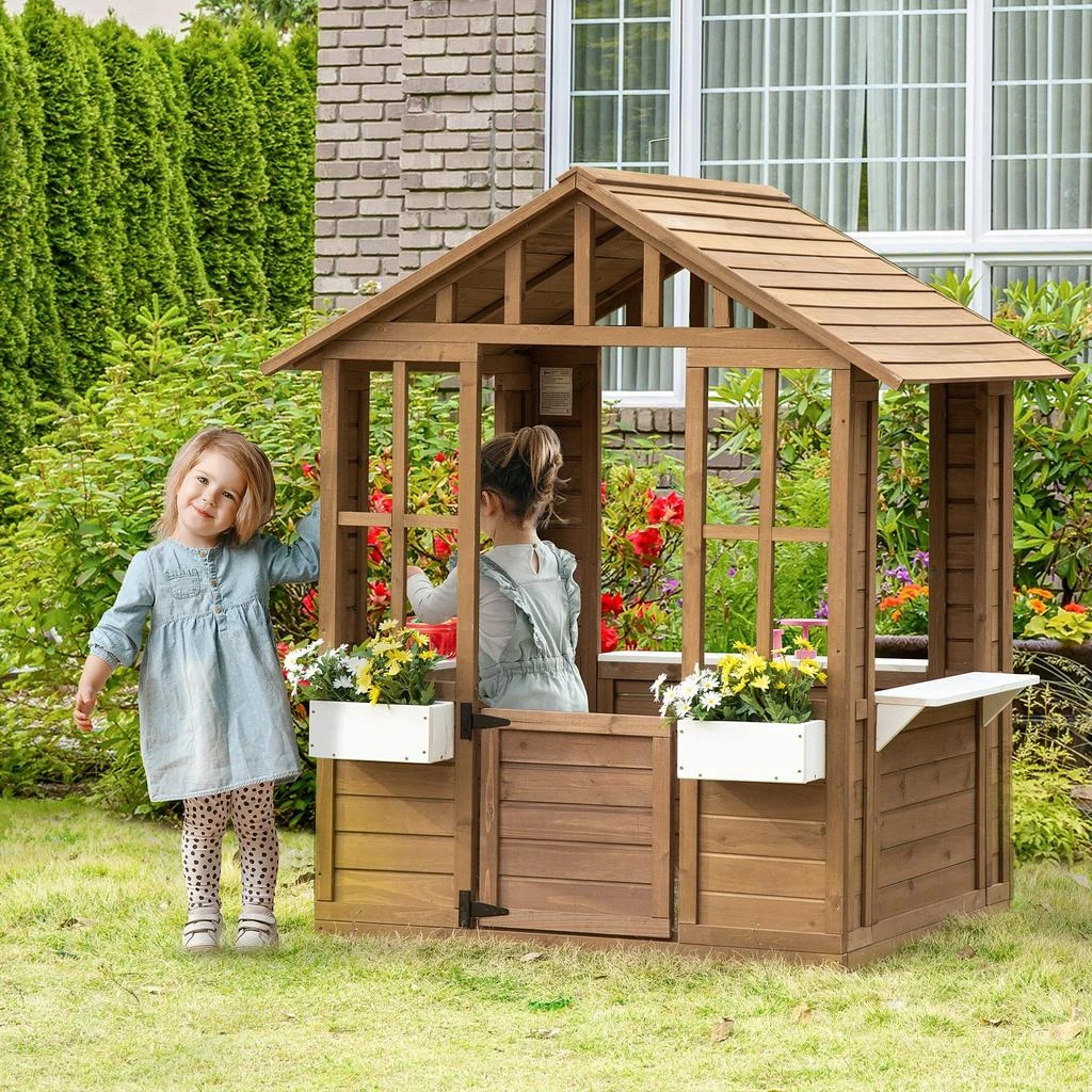 Hivvago Kids Wooden Playhouse with Working Doors, Windows 
Flower Pot Holder 2