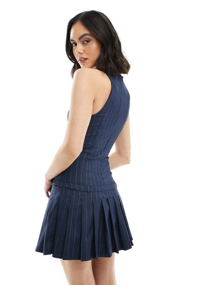 Bershka Bershka halterneck tailored mini dress in navy stripe 4