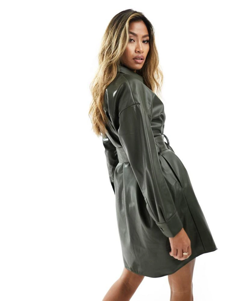 River Island River Island faux leather belted shirt mini dress in khaki 4
