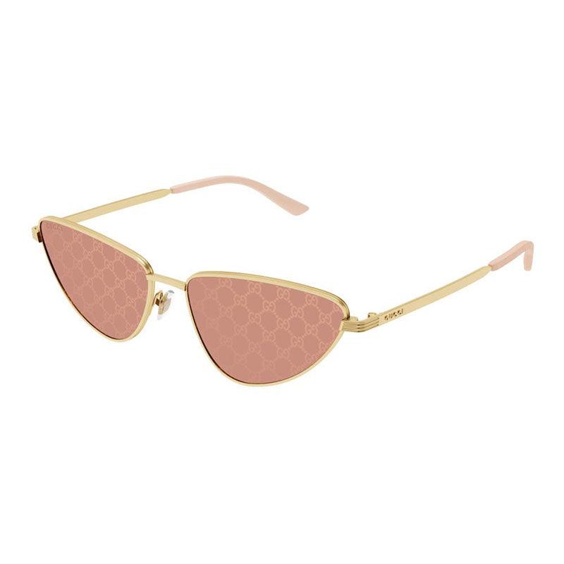 Gucci Gucci Cat Eye Full Rim, with a Gold frame and Red with Gucci Logo Pattern Detail lens.