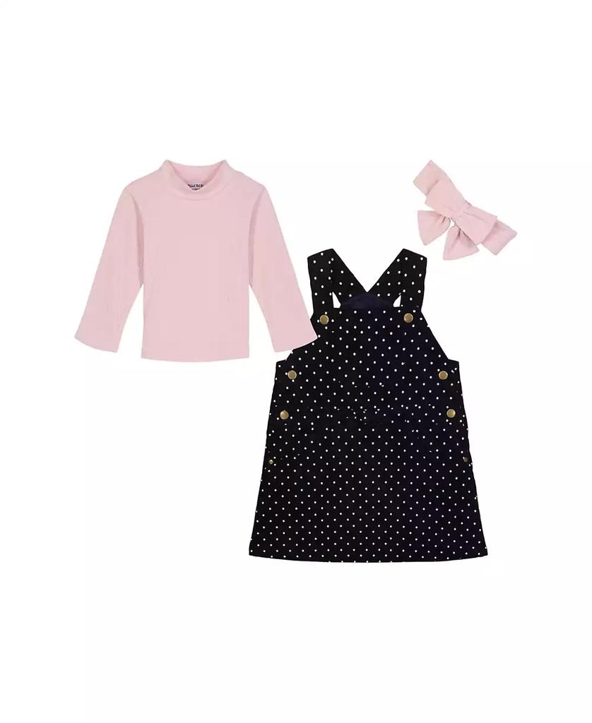 Blueberi Boulevard Baby Girls Pink Long Sleeve Top, Headband and Polka-Dot Ribbed Jumper Set