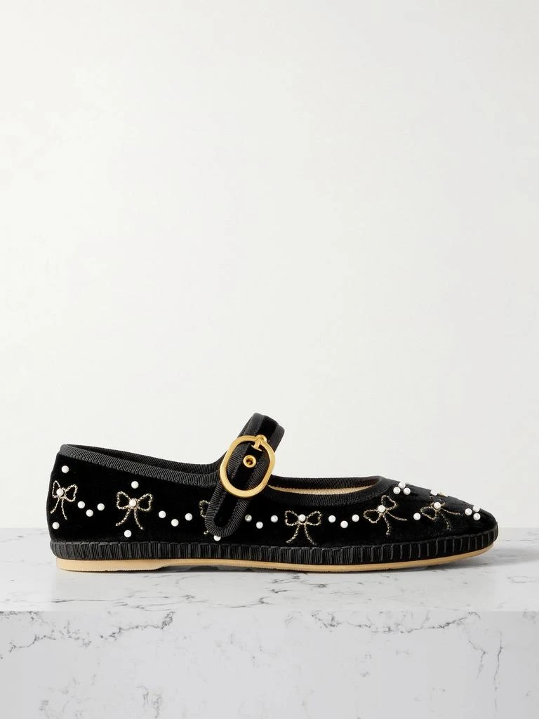 Valentino Endouce 带��缀饰罗缎边饰天鹅绒玛丽珍芭蕾平底鞋  - IT35 1