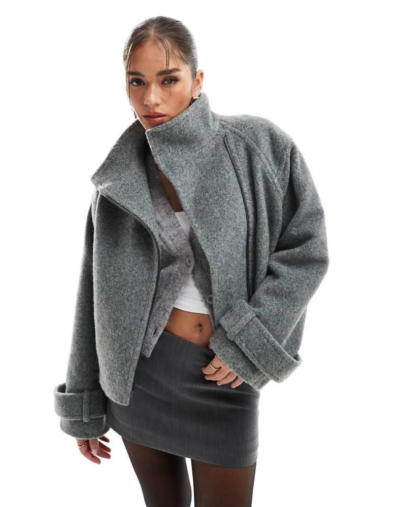 ASOS ASOS DESIGN funnel neck brushed formal biker jacket in charcoal 1