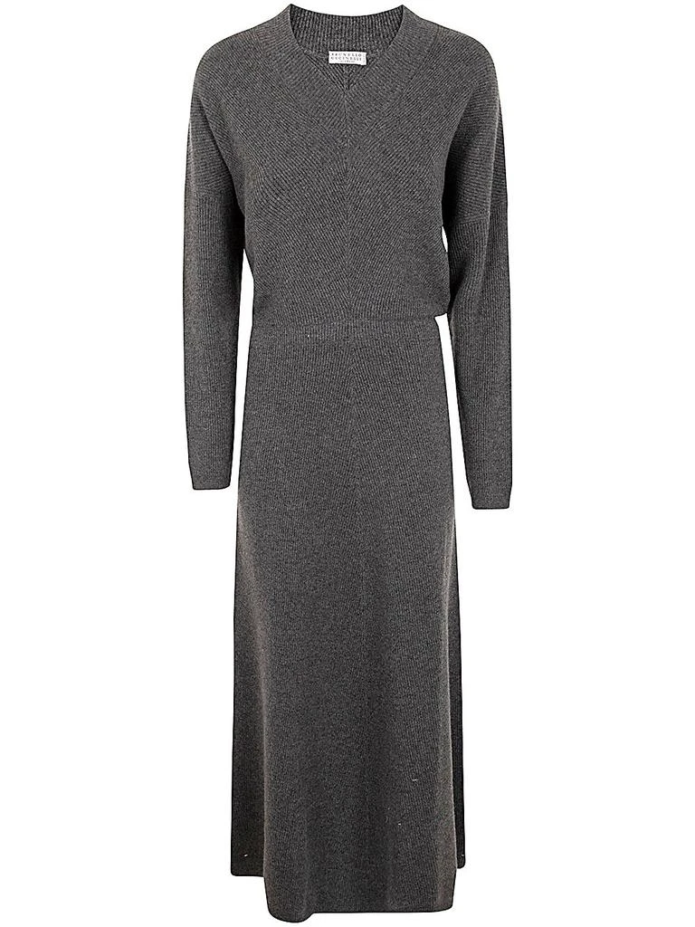 knee length dresses for ladies Green Midi Dress Long Sleeve V-Neck Collared Knit main image 0
