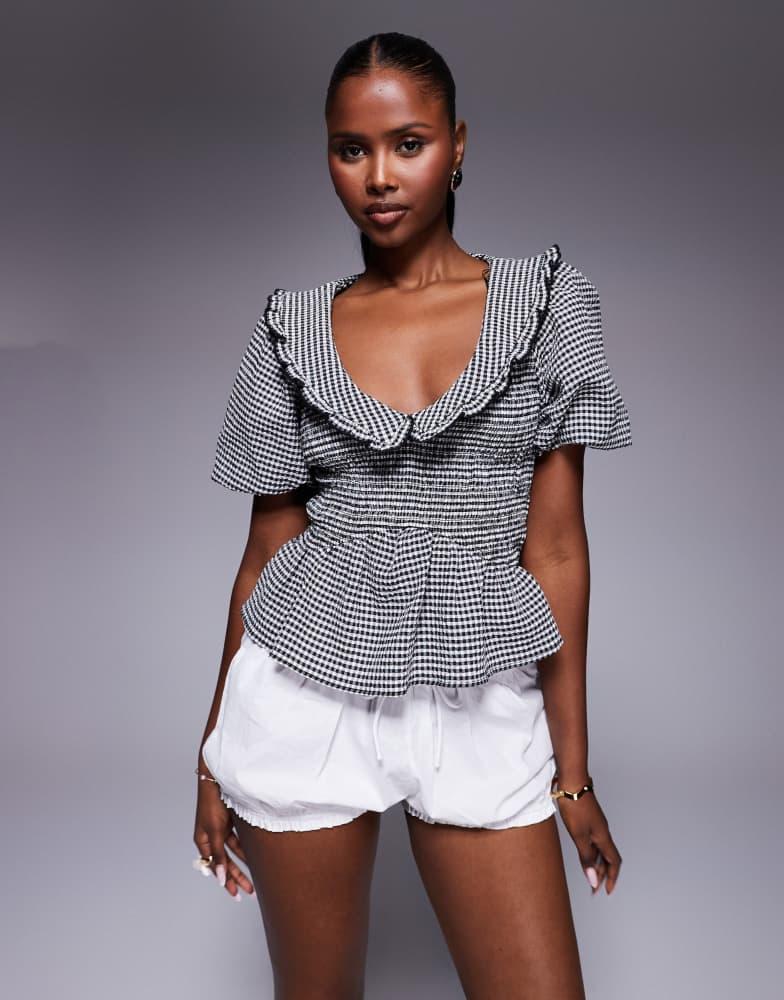 River Island River Island puff sleeve gingham shirred top in black