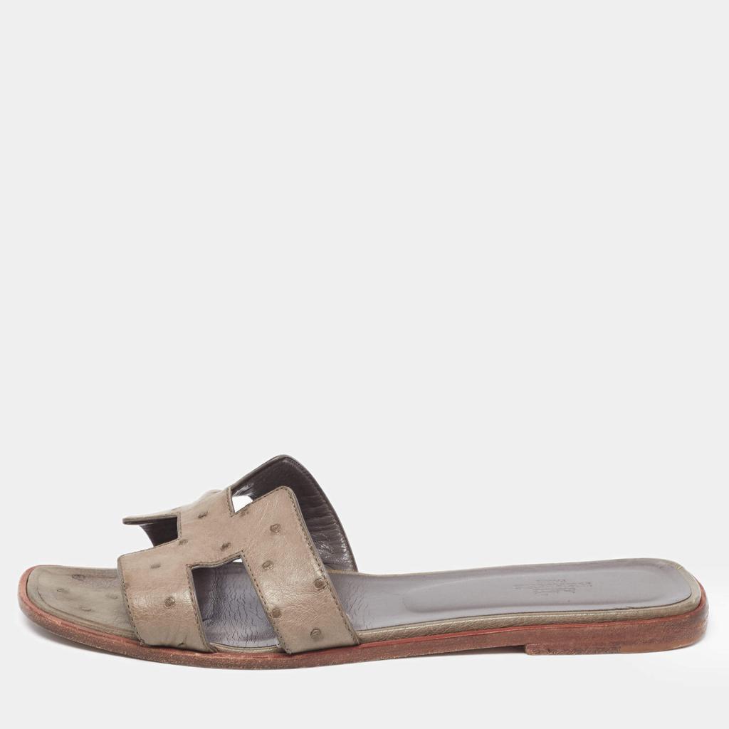 Hermes Hermes Green Ostrich Leather Oran Sandals Size 40.5