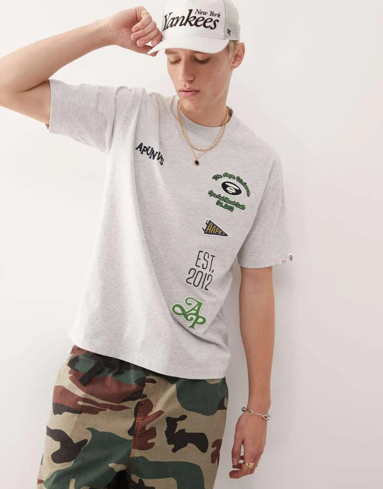 AAPE Aape by A Bathing Ape boxy fit t-shirt in grey with multi placement college embroidery 4