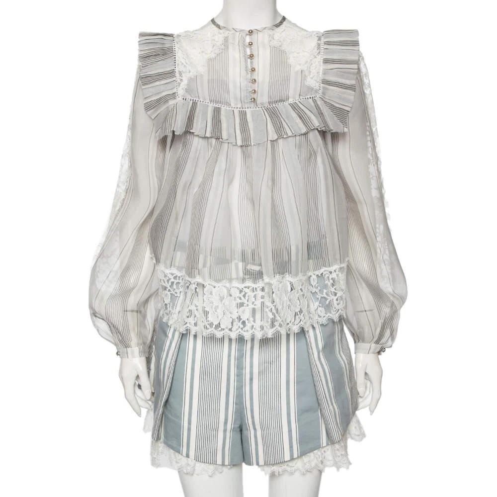 Zimmermann Zimmermann Grey/Blue Striped Cotton Havoc Lace Trimmed Shirt And Shorts Set S 1