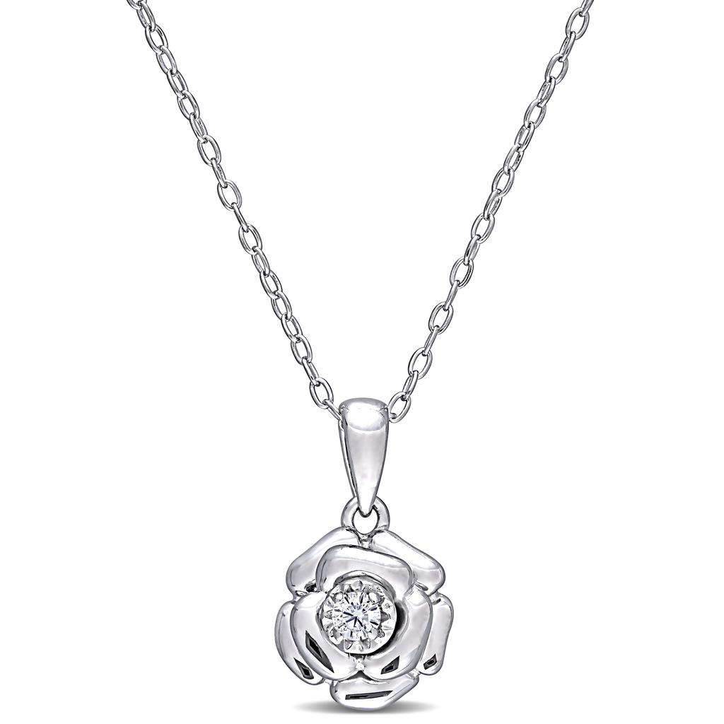 Mimi & Max Diamond Flower Pendant with Chain in Sterling Silver