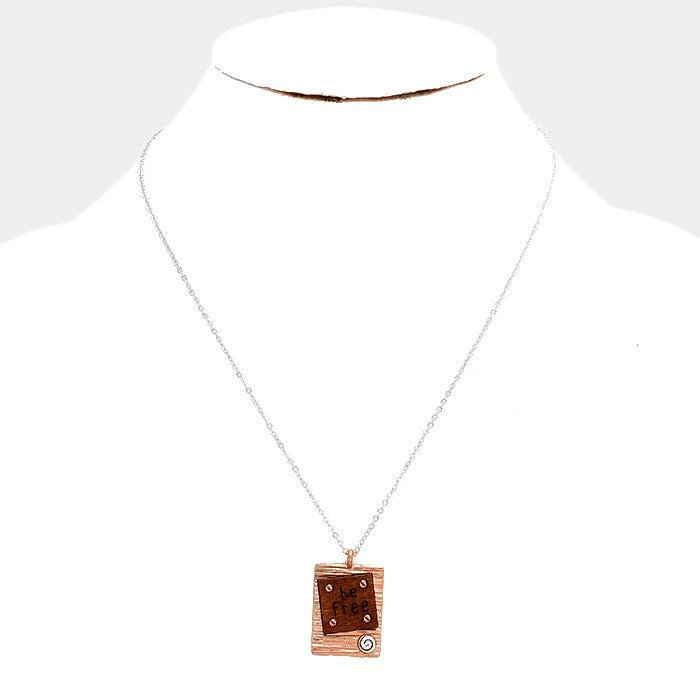 FASHNZFAB Be Free Wood Rectangular Metal Pendant Necklace 2