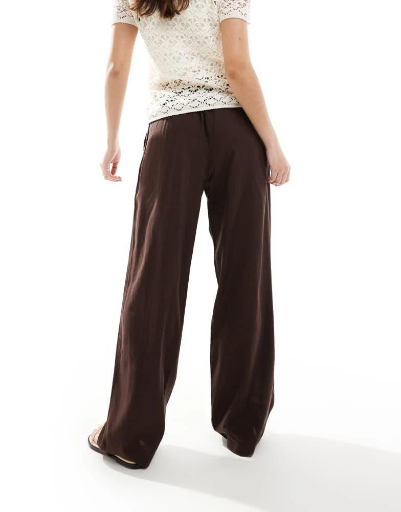 Bershka Bershka tie waist wide leg linen trousers in brown 3