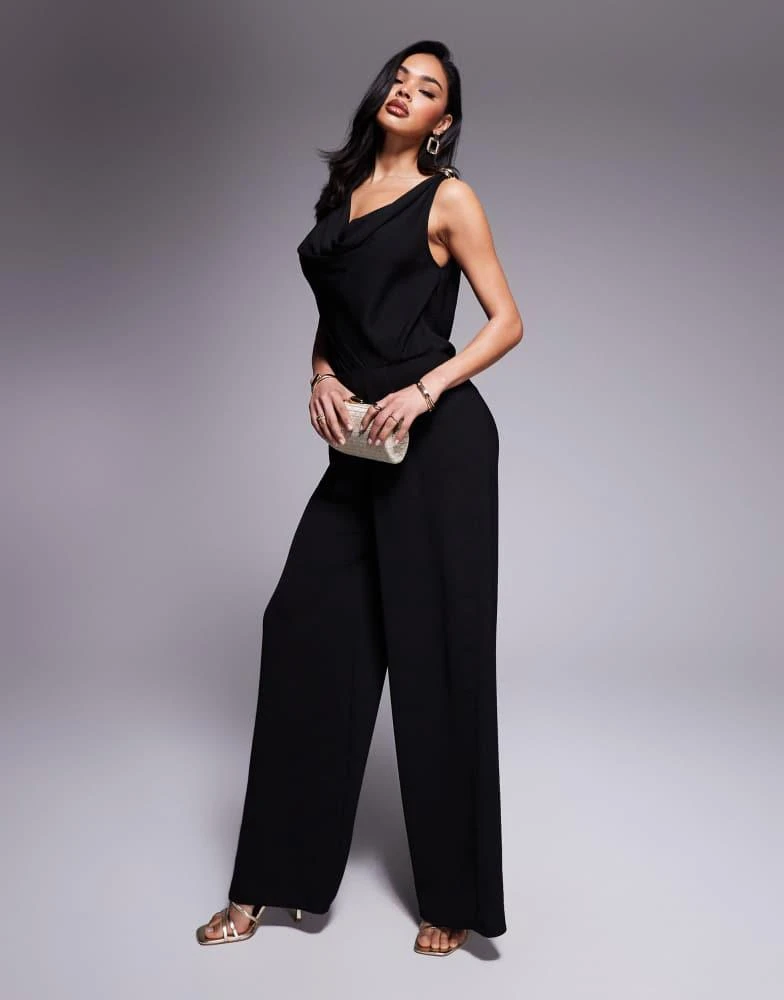 ASOS ASOS DESIGN cowl neck wide leg jumpsuit with gold hardware in black 1