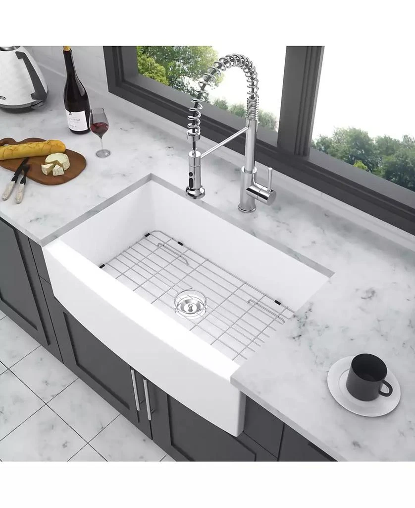Flynama 30x21x10 Inch White Farmhouse Kitchen Sink Ceramic Porcelain Arch Edge Apron Front Single Bowl With Drain Assembly Dish Grid 2