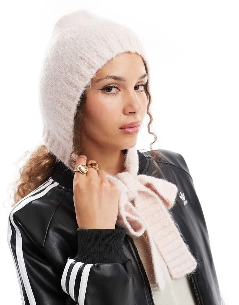Monki Monki knitted bonnet tie up balaclava in light dusty pink 3
