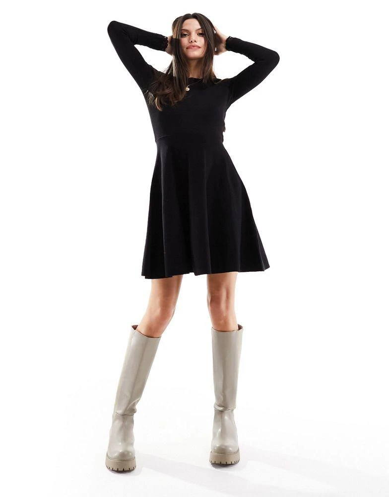Y.A.S. Y.A.S knitted fit and flare mini dress with lace cuff detail in black 4