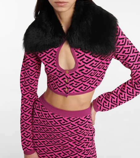 Versace La Greca faux fur-trimmed cardigan 4