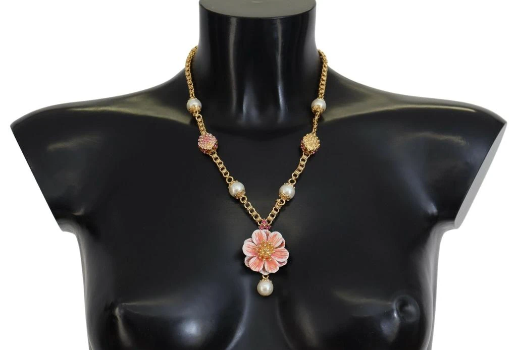 Dolce & Gabbana Gold Tone Floral Crystals Pink Embellished Necklace 1