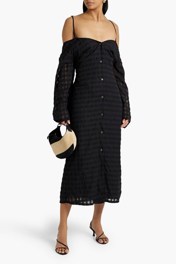 DEVEAUX Belted cold-shoulder checked seersucker midi dress