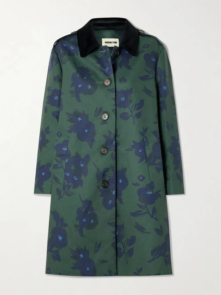 Shushu/Tong Velvet-trimmed Floral-print Woven Trench Coat
