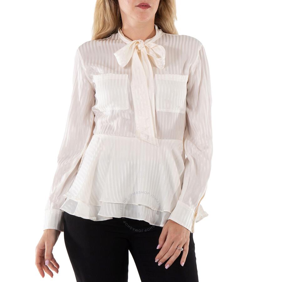 Burberry Leah Silk Tie-Neck Peplum Blouse In Natural White