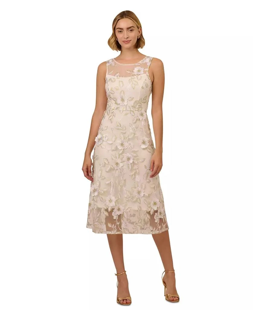 Adrianna Papell Women's Floral Embroidery Illusion Fit & Flare Midi Dress 2