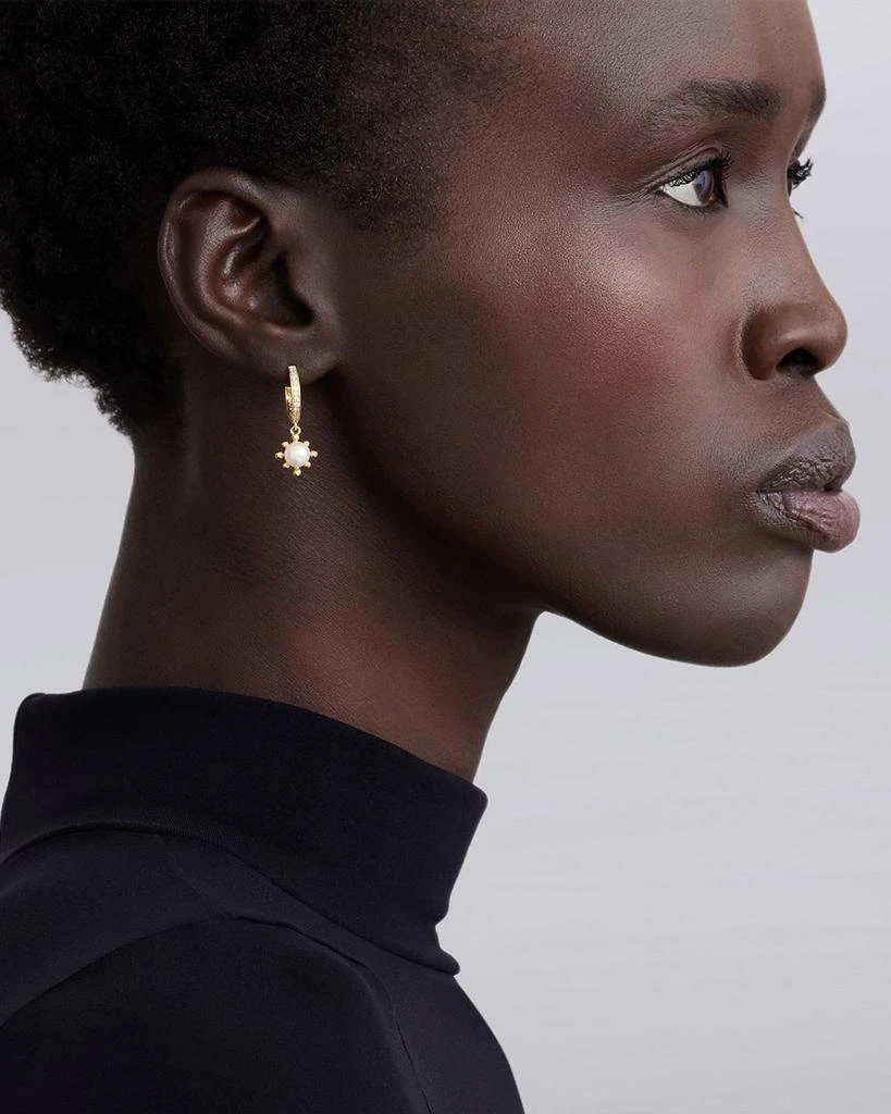 LAGOS 18K Yellow Gold Luna Cultured Pearl Fleur Charm Diamond Hoop Earrings 2