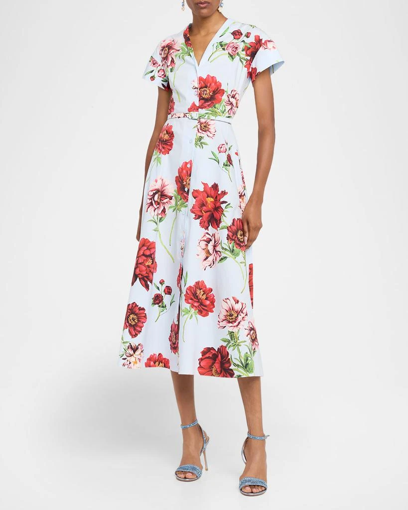 Oscar de la Renta Short-Sleeve Peony-Printed Tea-Length Dress 2