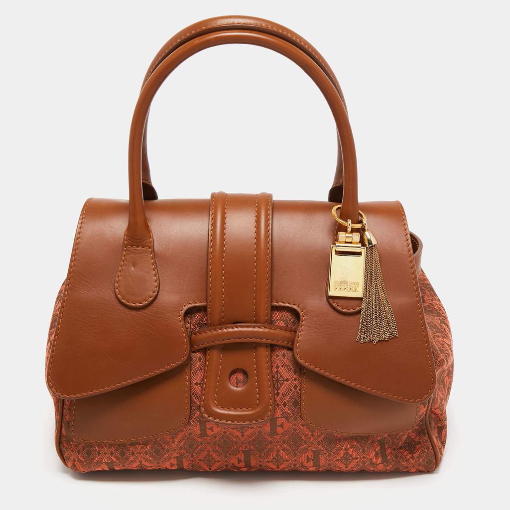 Gianfranco Ferre Gianfranco Ferre Brown Jacquard Fabric and Leather Flap Satchel