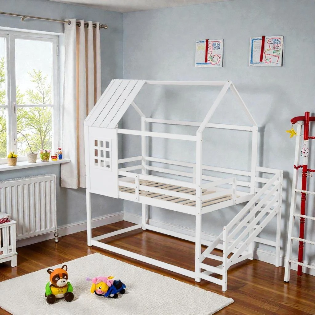 Hivvago Wooden Twin Play Bed with Roof Structure and Easy-Climb Stairs