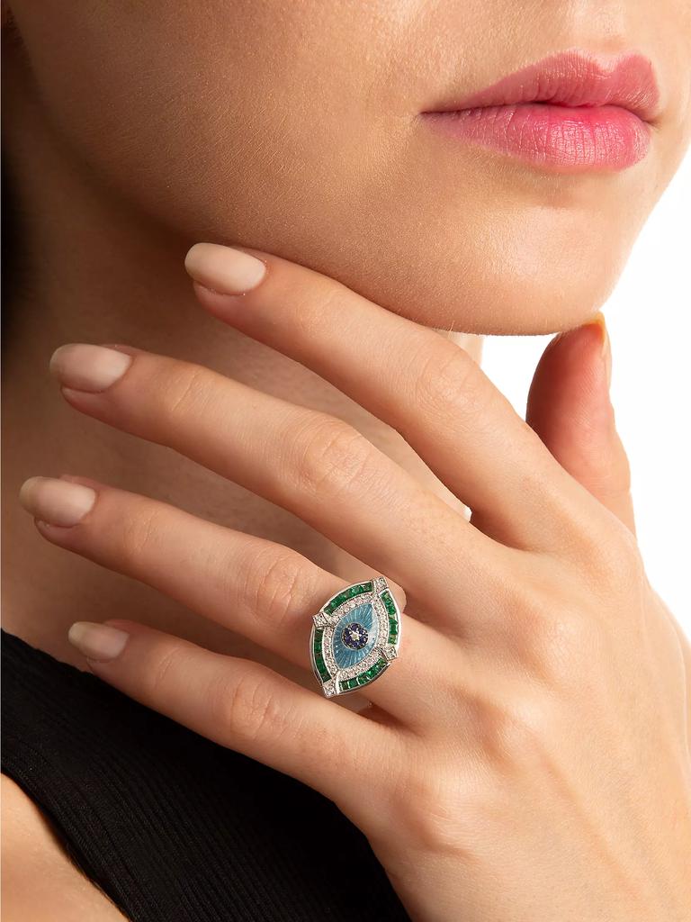 Melis Goral Guardian 14K White Gold, Diamond, Tsavorite & Blue Sapphire Ring
