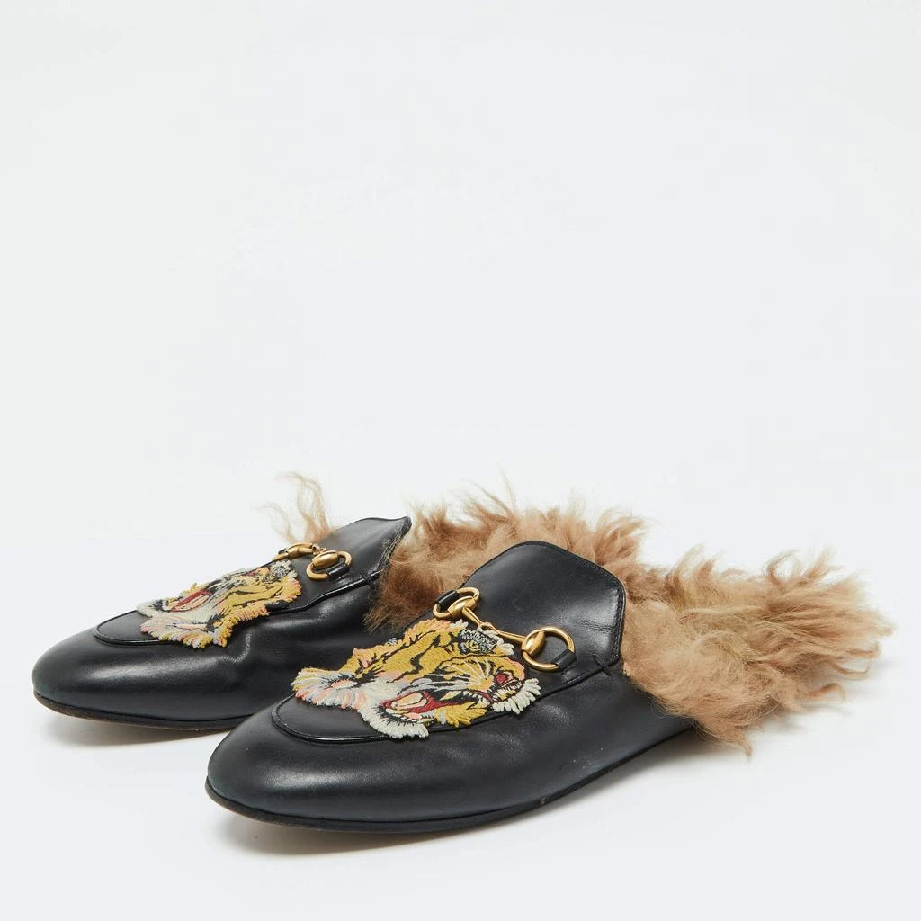 Gucci Gucci Black Leather and Fur Tiger Embroidered Princetown Mules Size 39 2