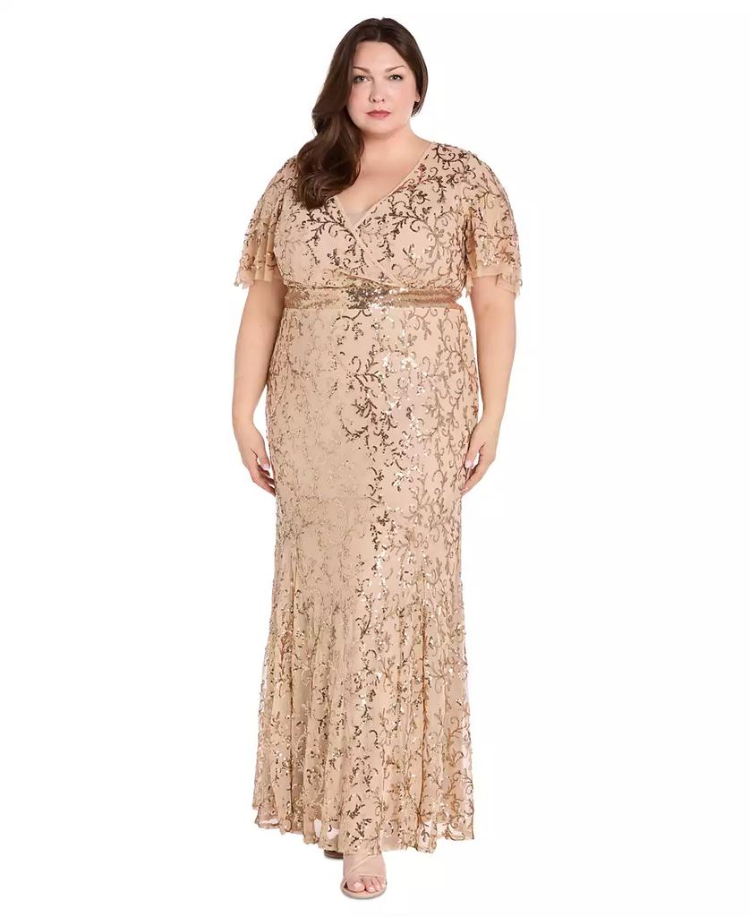 R & M Richards Plus Size Sequin Embellished Flutter-Sleeve Gown