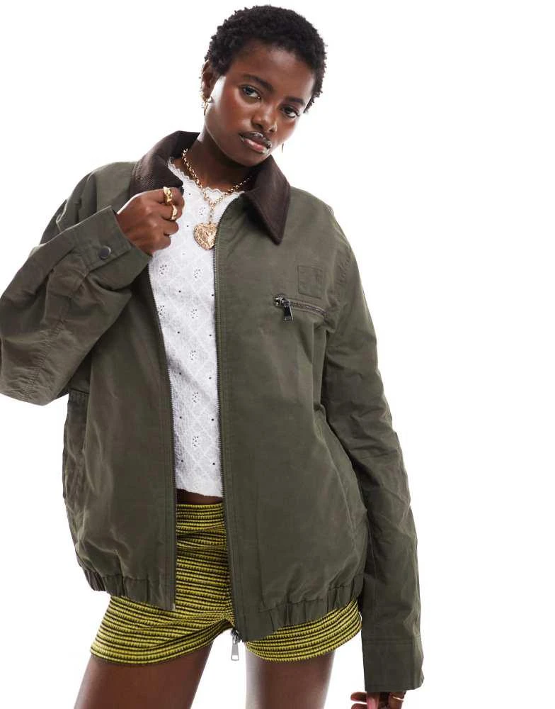Shop COLLUSION waxed jacket with cord collar in khaki on Sale at
