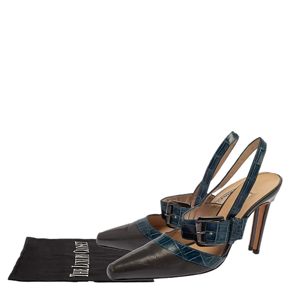 Manolo Blahnik Manolo Blahnik Grey/Blue Croc Embossed And Leather Slingback Sandals Size 37 8